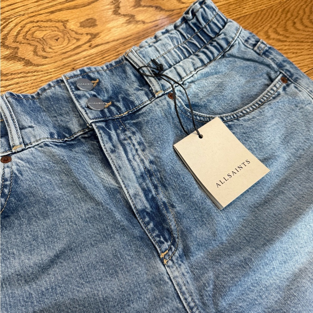 AllSaints elastic waist denim shorts in light blue wash